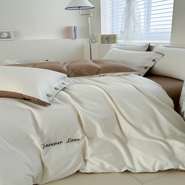 91家纺网 家纺一手货源 找家纺 2025新款A类纯色双拼长绒棉纯棉刺绣四件套 奶驼逸居