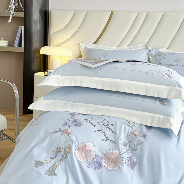 91家纺网 家纺一手货源 找家纺 恋之语 2025新款水洗棉刺绣四件套-锦绣花 锦绣花-天蓝