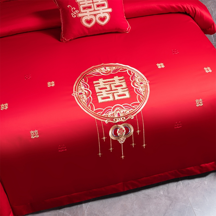 91家纺网 家纺一手货源 找家纺 博之洋婚庆 2025新款全棉长绒棉刺绣新中式婚庆系列多件套 喜气满满