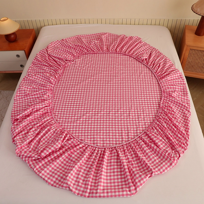 91家纺网 家纺一手货源 找家纺 绒多多 2025新款简约水洗棉色织床笠 深红小格