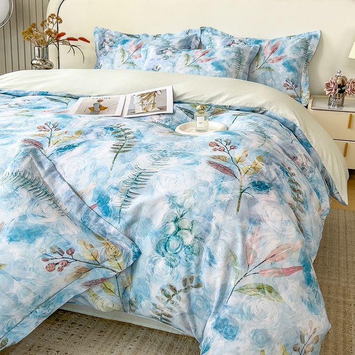 91家纺网 家纺一手货源 找家纺 芃成家纺 2025新款A类莱赛尔天丝棉四件套 春色写意-兰