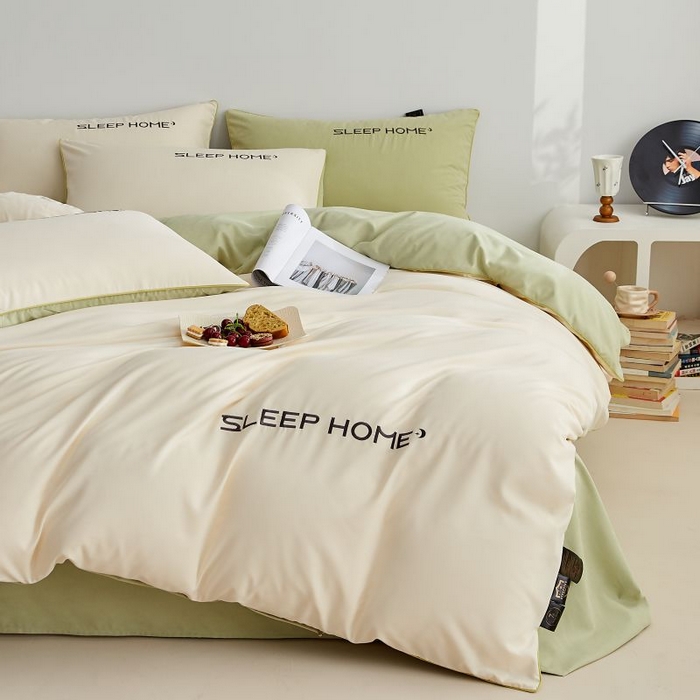 91家纺网 家纺一手货源 找家纺 恋之语 2025新款110克麻绳双拼刺绣单被套 米黄+抹茶绿