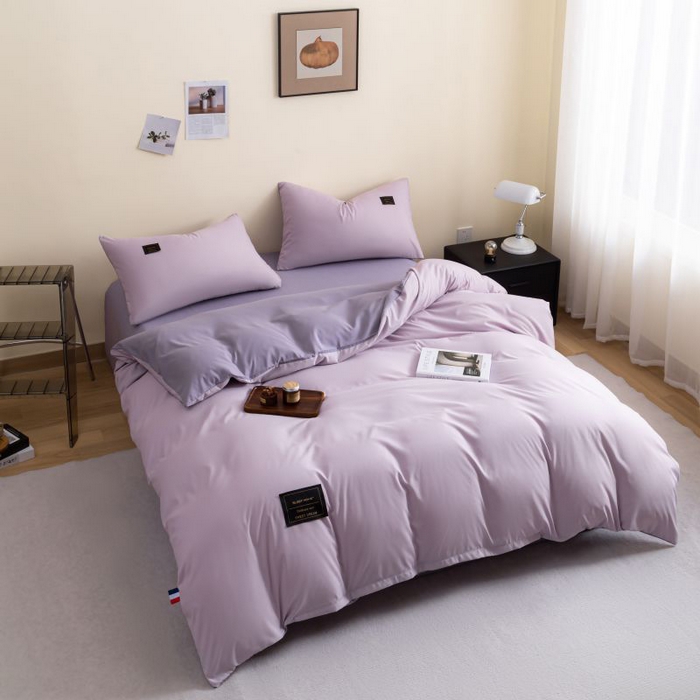 91家纺网 家纺一手货源 找家纺 恋之语 2025新款90克纯色双拼四件套 香芋紫+罗兰紫