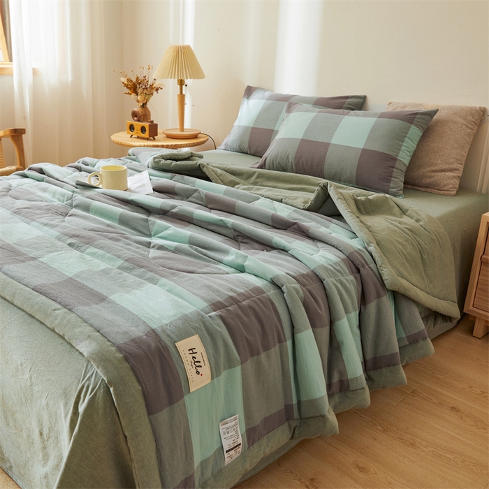 91家纺网 家纺一手货源 找家纺 恋人优选 2025新款纯棉色织水洗夏被 绿灰大格