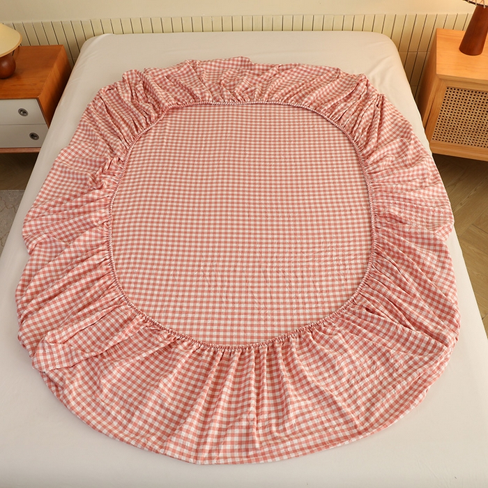 91家纺网 家纺一手货源 找家纺 绒多多 2025新款简约水洗棉色织床笠 粉玉小格