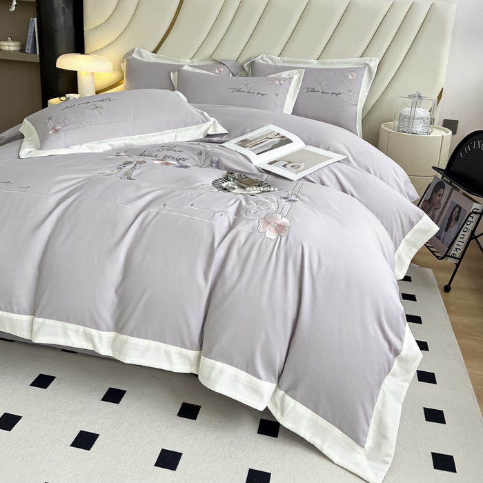 91家纺网 家纺一手货源 找家纺 恋之语 2025新款水洗棉刺绣四件套-锦绣花 锦绣花-浅灰