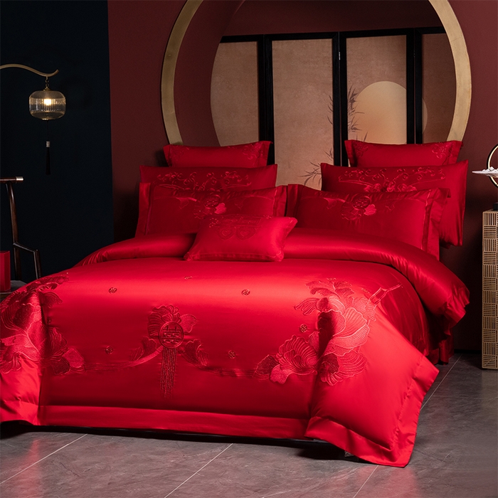 91家纺网 家纺一手货源 找家纺 博之洋婚庆 2025新款全棉长绒棉刺绣新中式婚庆系列多件套 甜蜜时光--红