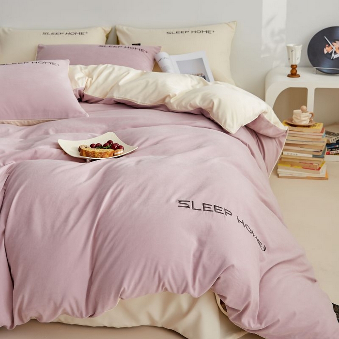 91家纺网 家纺一手货源 找家纺 恋之语 2025新款110克麻绳双拼刺绣四件套 香芋紫+米黄