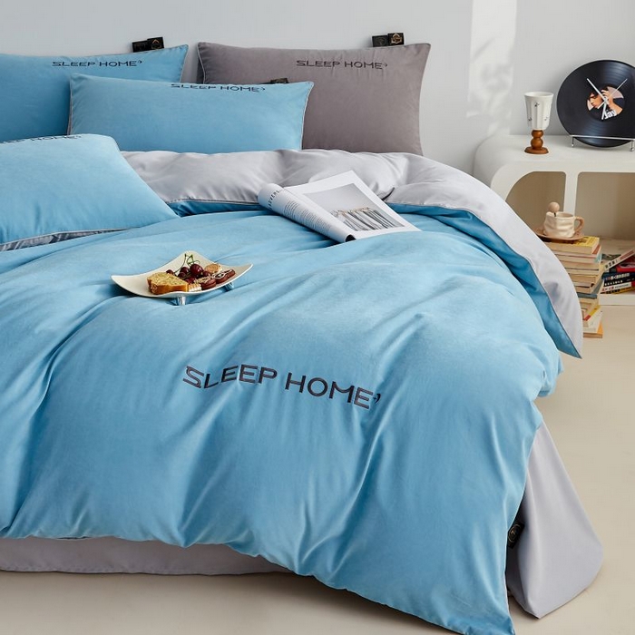 91家纺网 家纺一手货源 找家纺 恋之语 2025新款110克麻绳双拼刺绣四件套 天蓝+浅灰