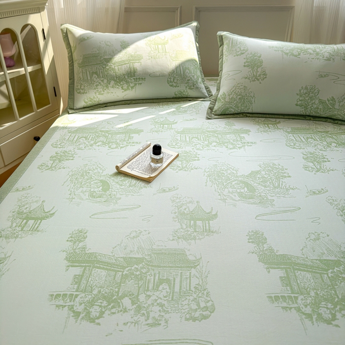 91家纺网 家纺一手货源 找家纺 花漾家居 2025新款A类色织提花PE凉感丝凉席三件套床单床笠款 床单款-江南绿