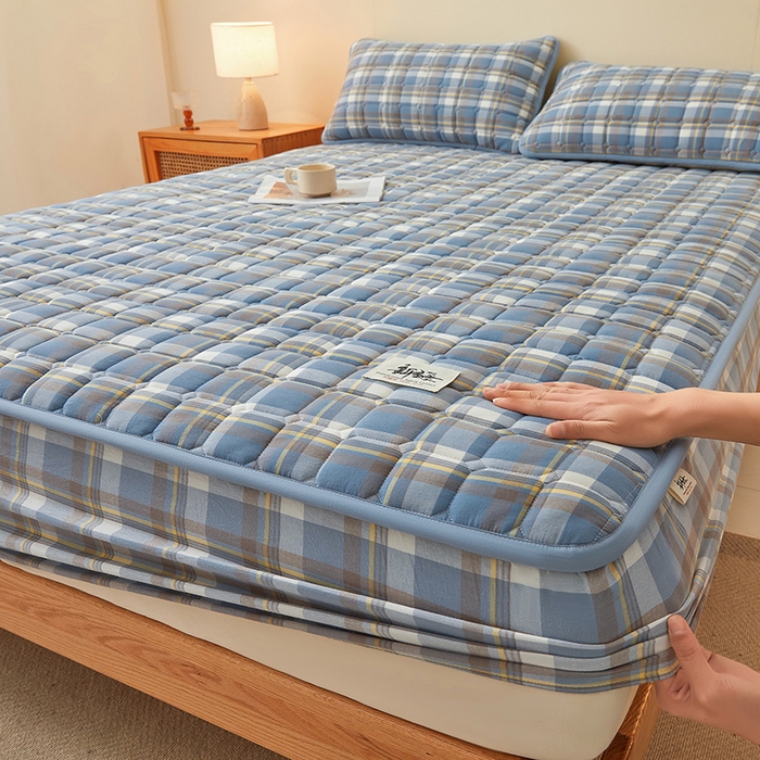 91家纺网 家纺一手货源 找家纺 喜居家纺2025新款A类水洗棉夹棉棉花床笠垫 棉-云舒蓝