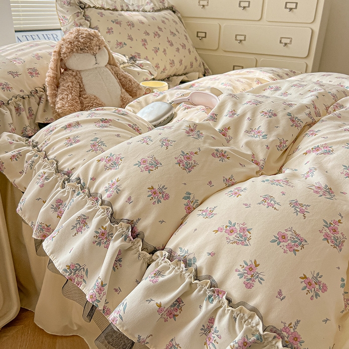 91家纺网 家纺一手货源 找家纺 眠帛家居 2025新款A类法式皱皱纱小清新蕾丝花边四件套 芬芳