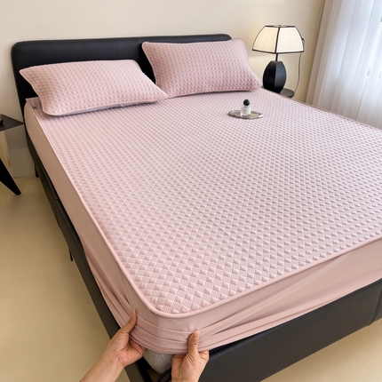 91家纺网 家纺一手货源 找家纺 席世家 2025新款凉感席冰豆豆席子三套件凉席床笠 小方格芙蓉粉-床笠款