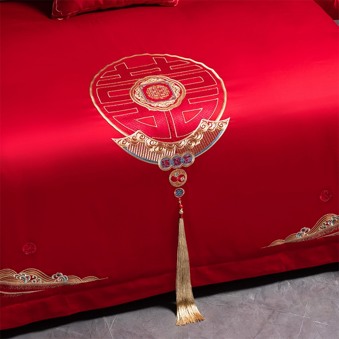 91家纺网 家纺一手货源 找家纺 博之洋婚庆 2025新款全棉长绒棉刺绣新中式婚庆系列多件套 喜悦