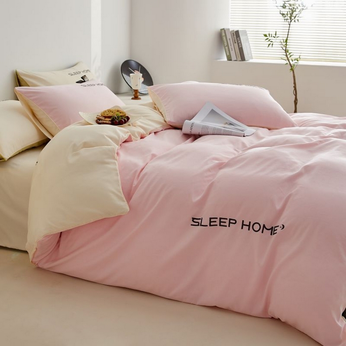 91家纺网 家纺一手货源 找家纺 恋之语 2025新款110克麻绳双拼刺绣单被套 樱花粉+米黄