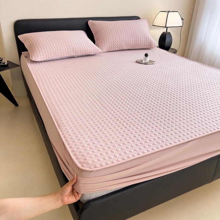 91家纺网 家纺一手货源 找家纺 席世家 2025新款凉感席冰豆豆席子三套件凉席床笠 小方格芙蓉粉-床笠款