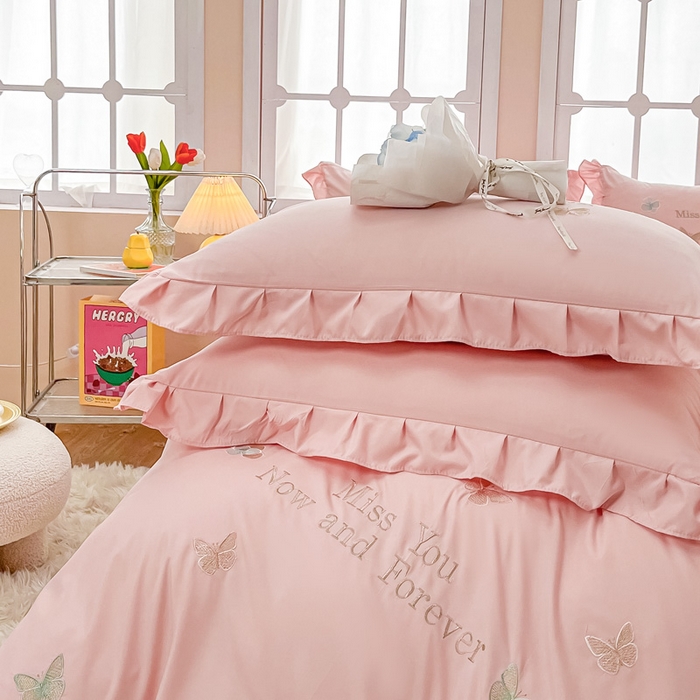 91家纺网 家纺一手货源 找家纺 恋之语 2025新款水洗棉刺绣花边四件套-蝶羽 蝶羽-粉