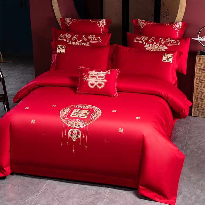 91家纺网 家纺一手货源 找家纺 博之洋婚庆 2025新款全棉长绒棉刺绣新中式婚庆系列多件套 喜气满满