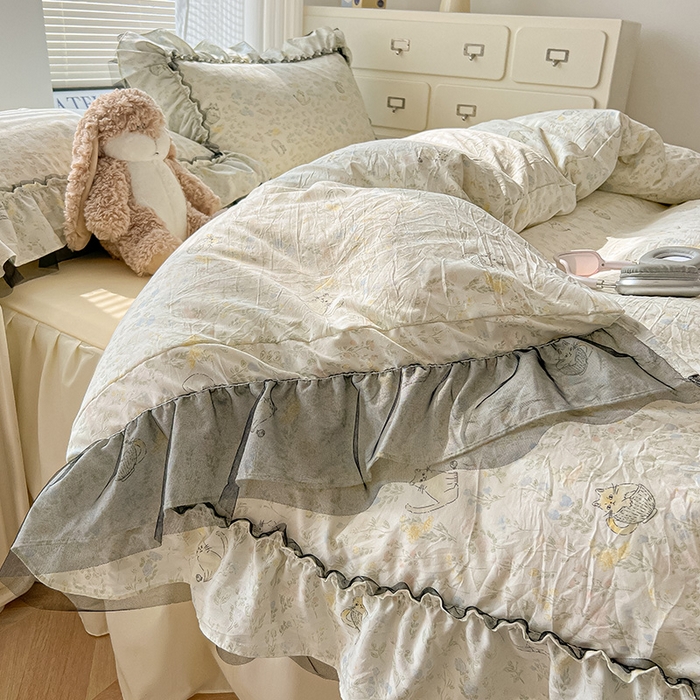 91家纺网 家纺一手货源 找家纺 眠帛家居 2025新款A类法式皱皱纱小清新蕾丝花边四件套 温馨