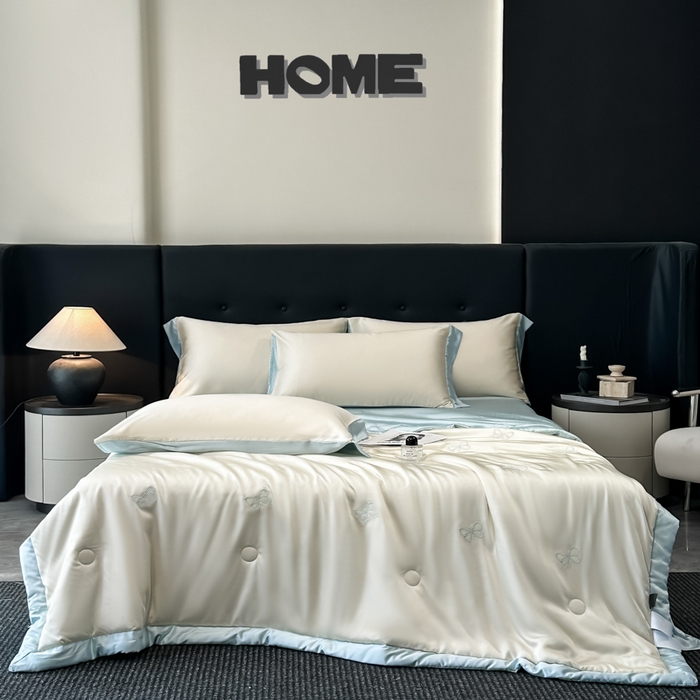 91家纺网 家纺一手货源 找家纺 满羽家纺 2025新款凉感冰丝夏被夏凉被空调被四件套 谜蝶-奶白兰