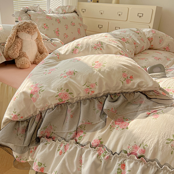 91家纺网 家纺一手货源 找家纺 眠帛家居 2025新款A类法式皱皱纱小清新蕾丝花边四件套 香溢