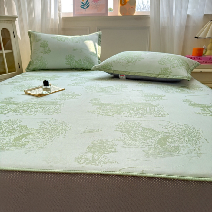 91家纺网 家纺一手货源 找家纺 花漾家居 2025新款A类色织提花PE凉感丝凉席三件套床单床笠款 床笠款-江南绿