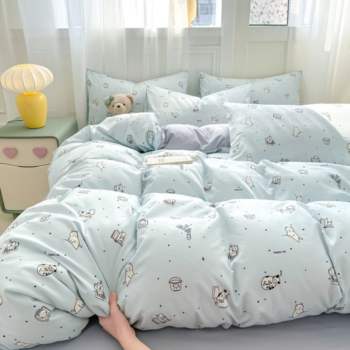 91家纺网 家纺一手货源 找家纺 丝芙妮家居2025新款水洗针织棉双层纱印花四件套 奇异猫