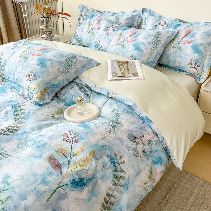 91家纺网 家纺一手货源 找家纺 芃成家纺 2025新款A类莱赛尔天丝棉四件套 春色写意-兰