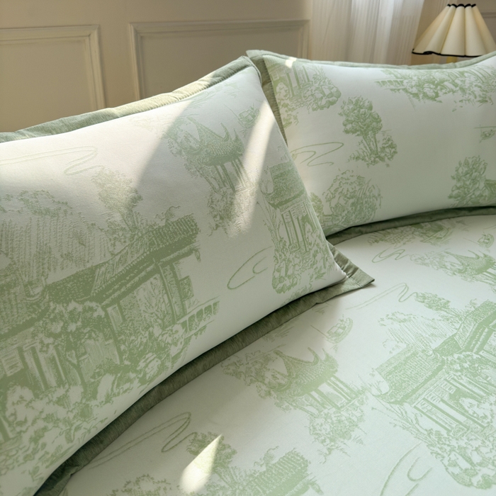 91家纺网 家纺一手货源 找家纺 花漾家居 2025新款A类色织提花PE凉感丝凉席三件套床单床笠款 床单款-江南绿