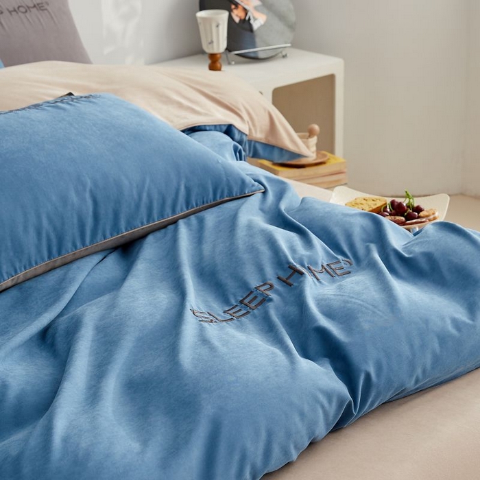 91家纺网 家纺一手货源 找家纺 恋之语 2025新款110克麻绳双拼刺绣四件套 星空蓝+卡其