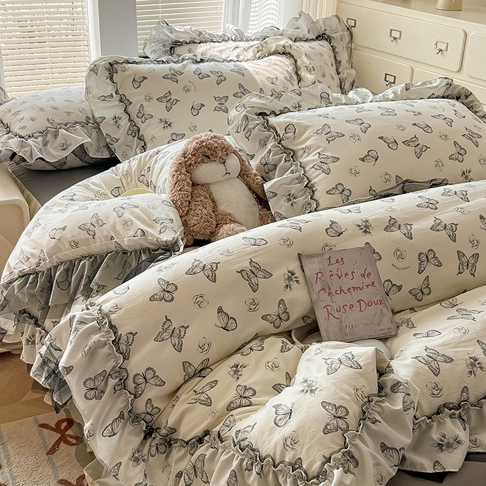 91家纺网 家纺一手货源 找家纺 （总）眠帛家居 2025新款A类法式皱皱纱小清新蕾丝花边四件套