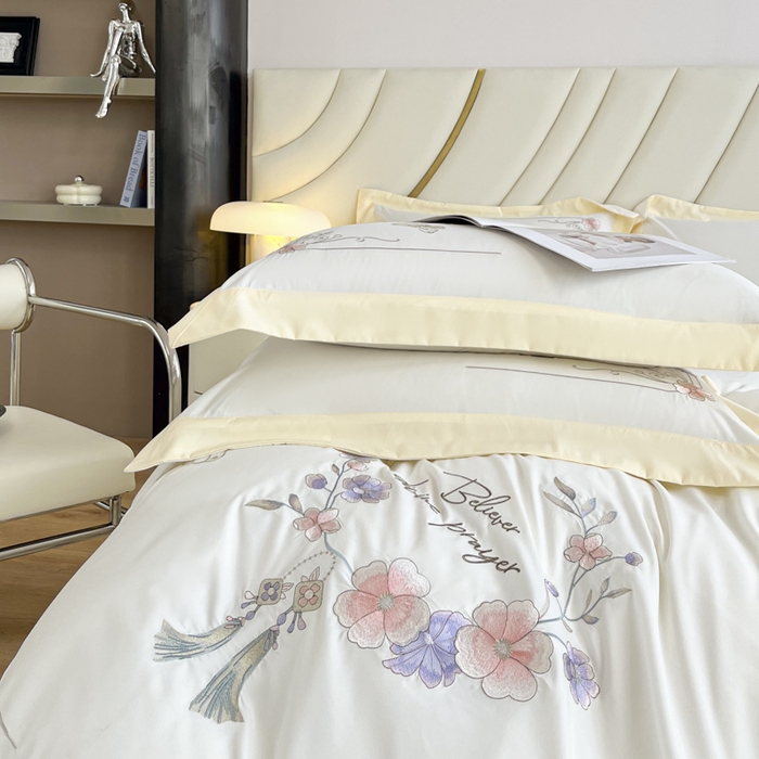 91家纺网 家纺一手货源 找家纺 恋之语 2025新款水洗棉刺绣四件套-锦绣花 锦绣花-香槟