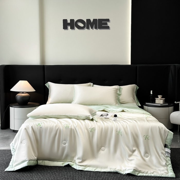 91家纺网 家纺一手货源 找家纺 满羽家纺 2025新款凉感冰丝夏被夏凉被空调被四件套 蝴蝶结-奶白绿