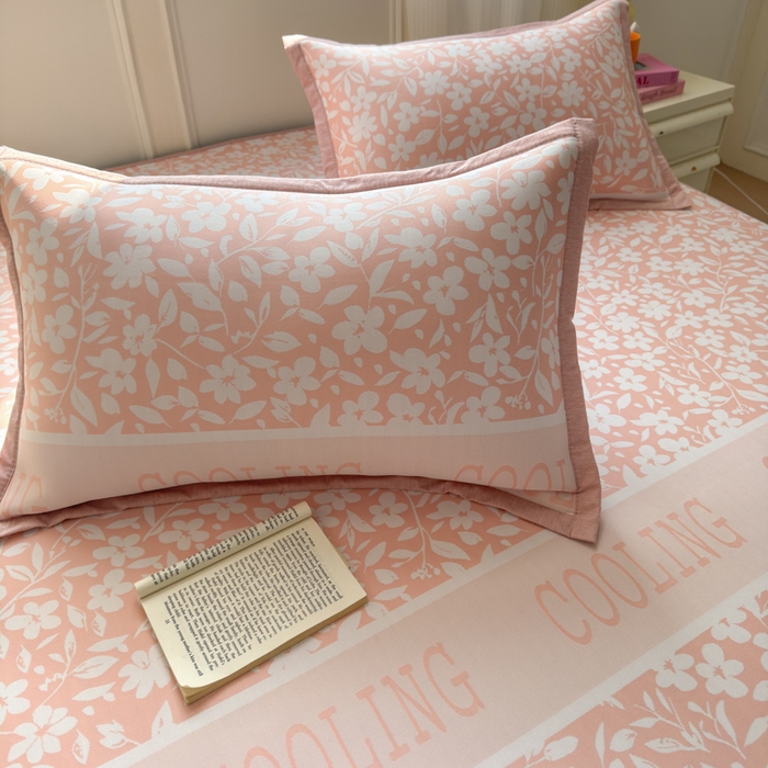 91家纺网 家纺一手货源 找家纺 花漾家居 2025新款A类色织提花PE凉感丝凉席三件套床单床笠款 床笠款-蔷薇粉