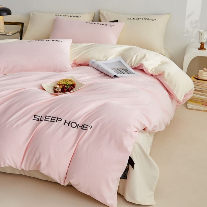 91家纺网 家纺一手货源 找家纺 恋之语 2025新款110克麻绳双拼刺绣四件套 樱花粉+米黄