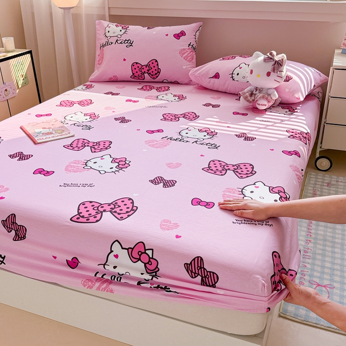 91家纺网 家纺一手货源 找家纺 呗旺鹿 2025新款正版三丽鸥全棉13372单品床笠 开心凯蒂