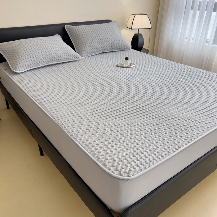 91家纺网 家纺一手货源 找家纺 席世家 2025新款凉感席冰豆豆席子三套件凉席床笠 小方格珍珠灰-床笠款