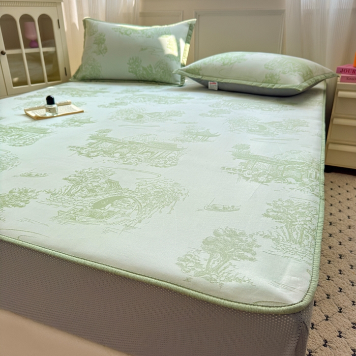 91家纺网 家纺一手货源 找家纺 花漾家居 2025新款A类色织提花PE凉感丝凉席三件套床单床笠款 床笠款-江南绿