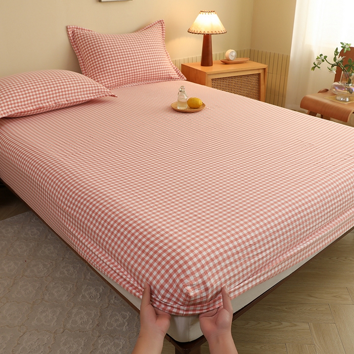 91家纺网 家纺一手货源 找家纺 绒多多 2025新款简约水洗棉色织床笠 粉玉小格