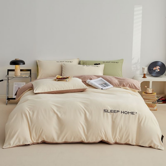 91家纺网 家纺一手货源 找家纺 恋之语 2025新款110克麻绳双拼刺绣单被套 米黄+浅咖