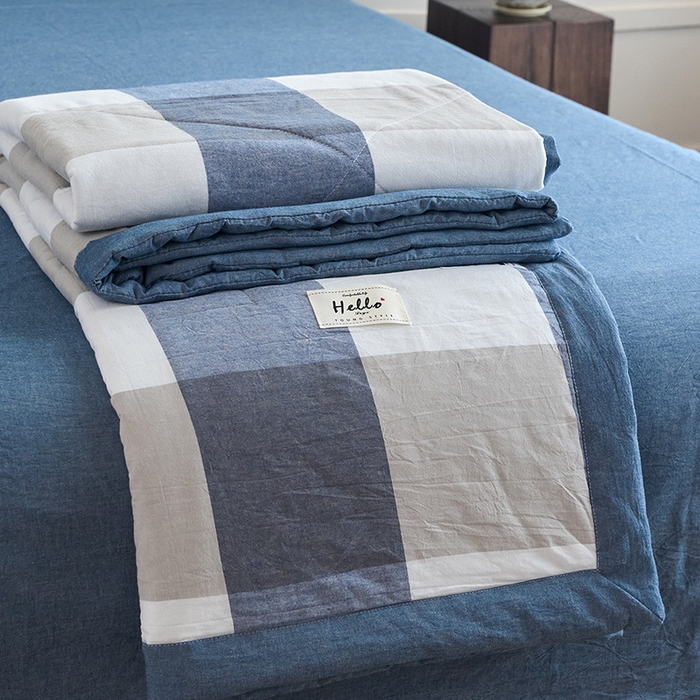 91家纺网 家纺一手货源 找家纺 恋人优选 2025新款纯棉色织水洗夏被 蓝大格