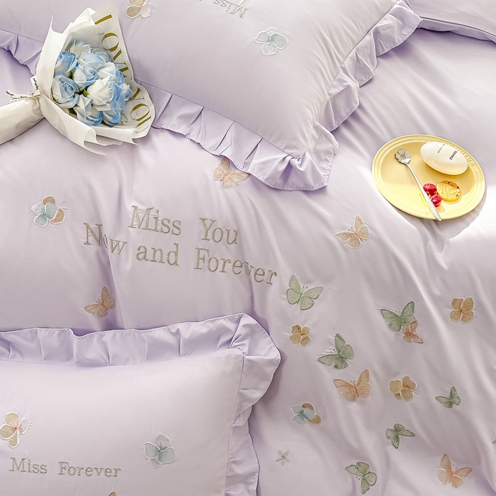 91家纺网 家纺一手货源 找家纺 恋之语 2025新款水洗棉刺绣花边四件套-蝶羽 蝶羽-紫