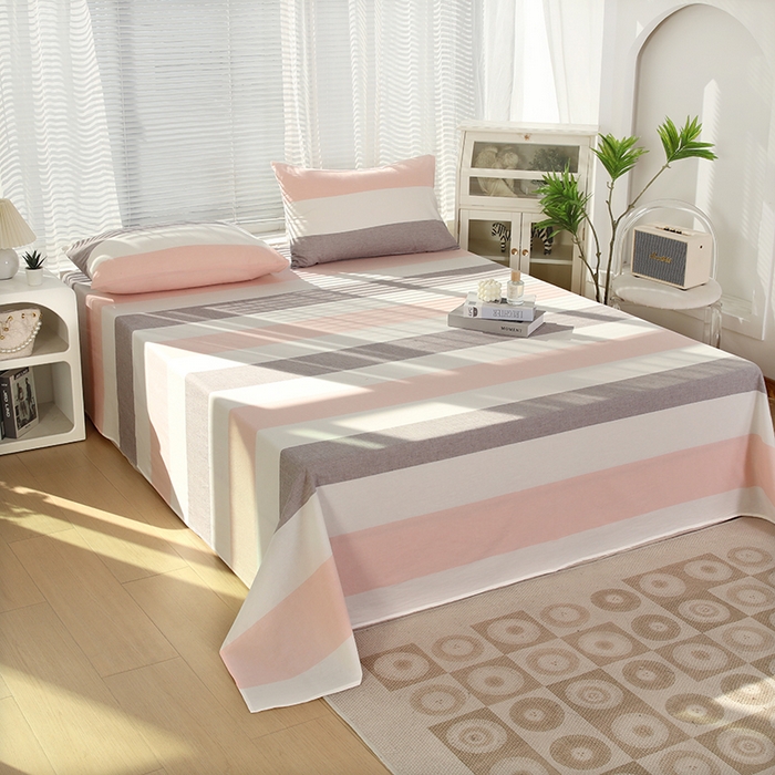 91家纺网 家纺一手货源 找家纺 恋之语家纺 2025新款全棉纯棉色织床单单品单床单床单单件 简约粉灰条