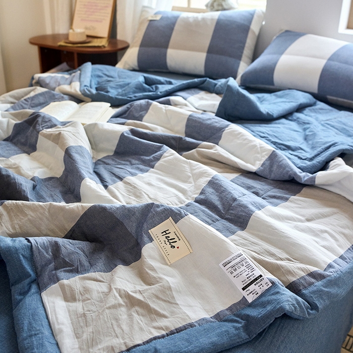 91家纺网 家纺一手货源 找家纺 恋人优选 2025新款纯棉色织水洗夏被 蓝大格