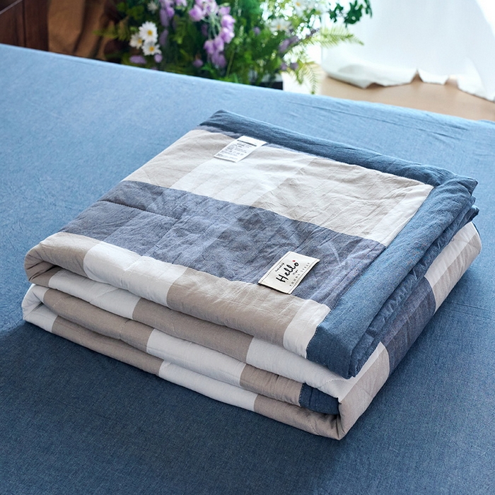 91家纺网 家纺一手货源 找家纺 恋人优选 2025新款纯棉色织水洗夏被 蓝大格