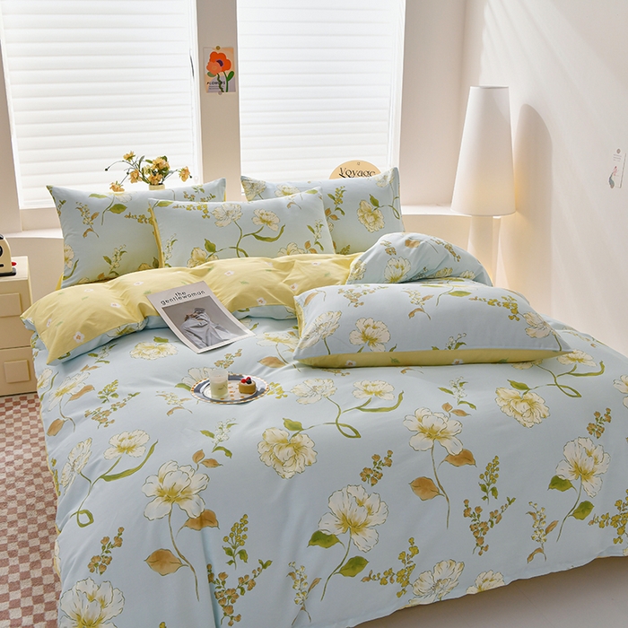 91家纺网 家纺一手货源 找家纺 宇彬家纺 2026直播新款13070全棉纯棉印花床单床笠款四件套和单被套喷气清新简约（缩水足可定做）花想容-蓝