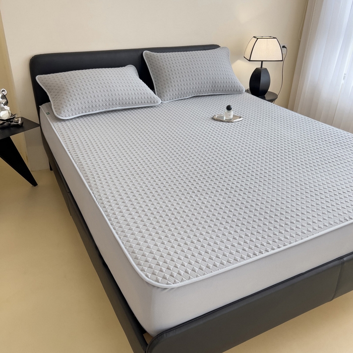 91家纺网 家纺一手货源 找家纺 席世家 2025新款凉感席冰豆豆席子三套件凉席床笠 小方格珍珠灰-床笠款