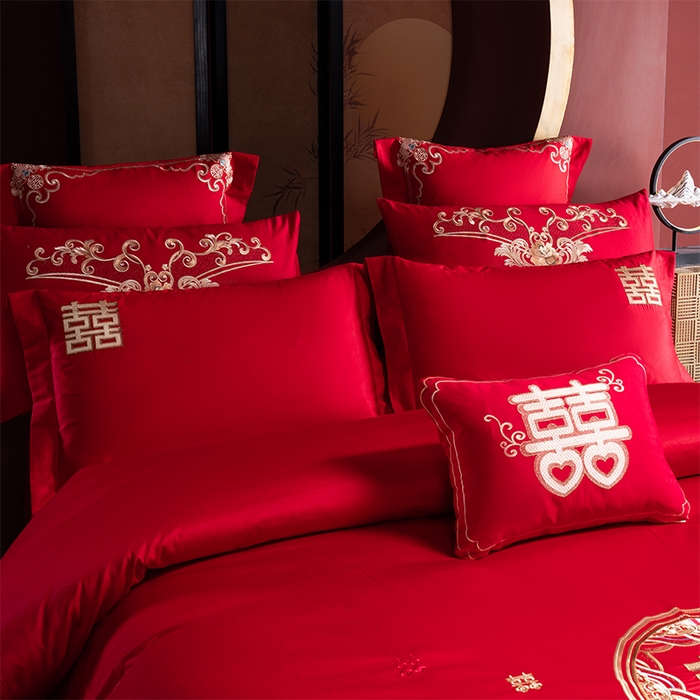 91家纺网 家纺一手货源 找家纺 博之洋婚庆 2025新款全棉长绒棉刺绣新中式婚庆系列多件套 喜气满满