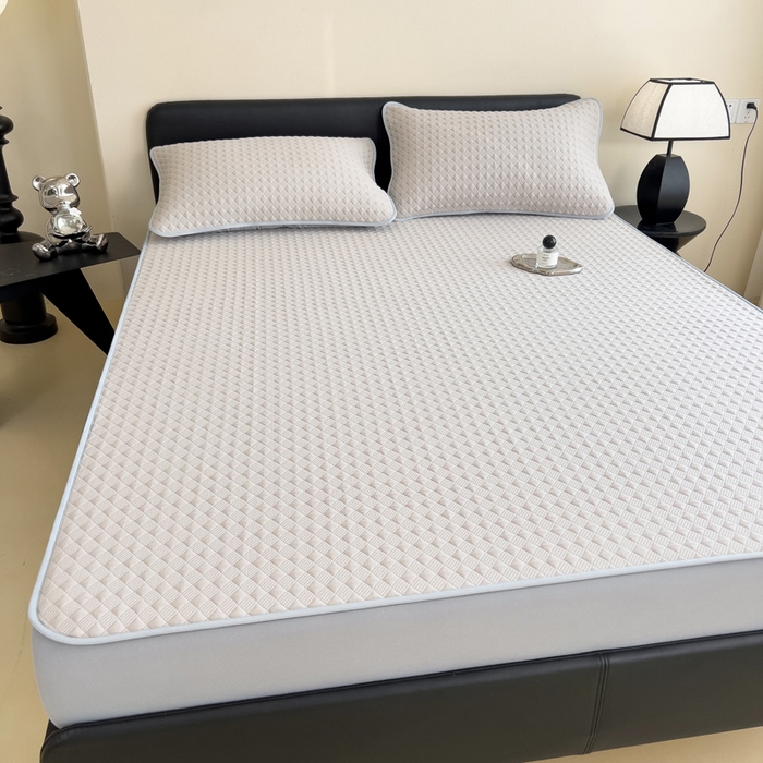 91家纺网 家纺一手货源 找家纺 席世家 2025新款凉感席冰豆豆席子三套件凉席床笠 小方格米咖-床笠款