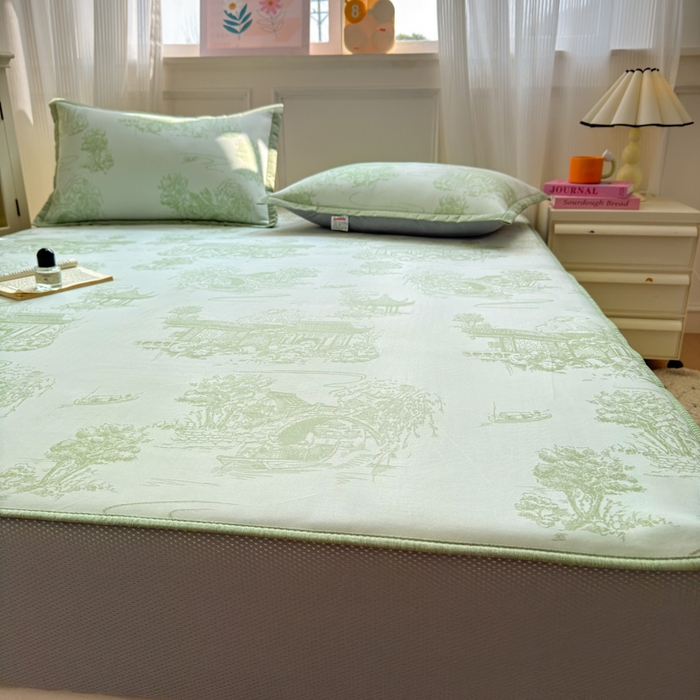 91家纺网 家纺一手货源 找家纺 花漾家居 2025新款A类色织提花PE凉感丝凉席三件套床单床笠款 床笠款-江南绿